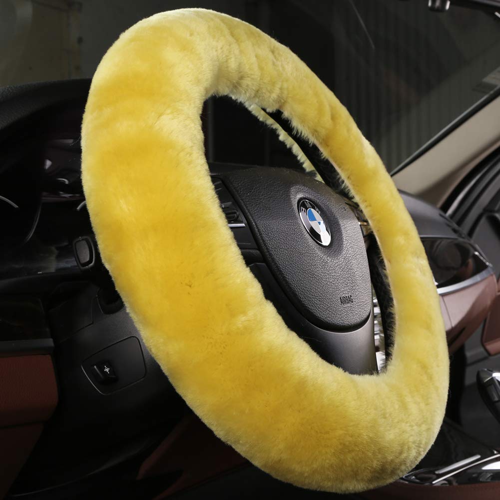 Black Fuzzy Sheepskin Car Steering Wheel Cover for Women | Soft Wool Girly