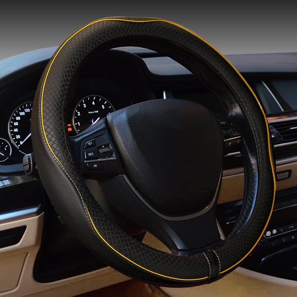 Car Steering Wheel Cover, Anti-Slip, Safety, Soft, Breathable, Heavy Duty, Thick, Full Surround, Sports Style (Black with Red line)
