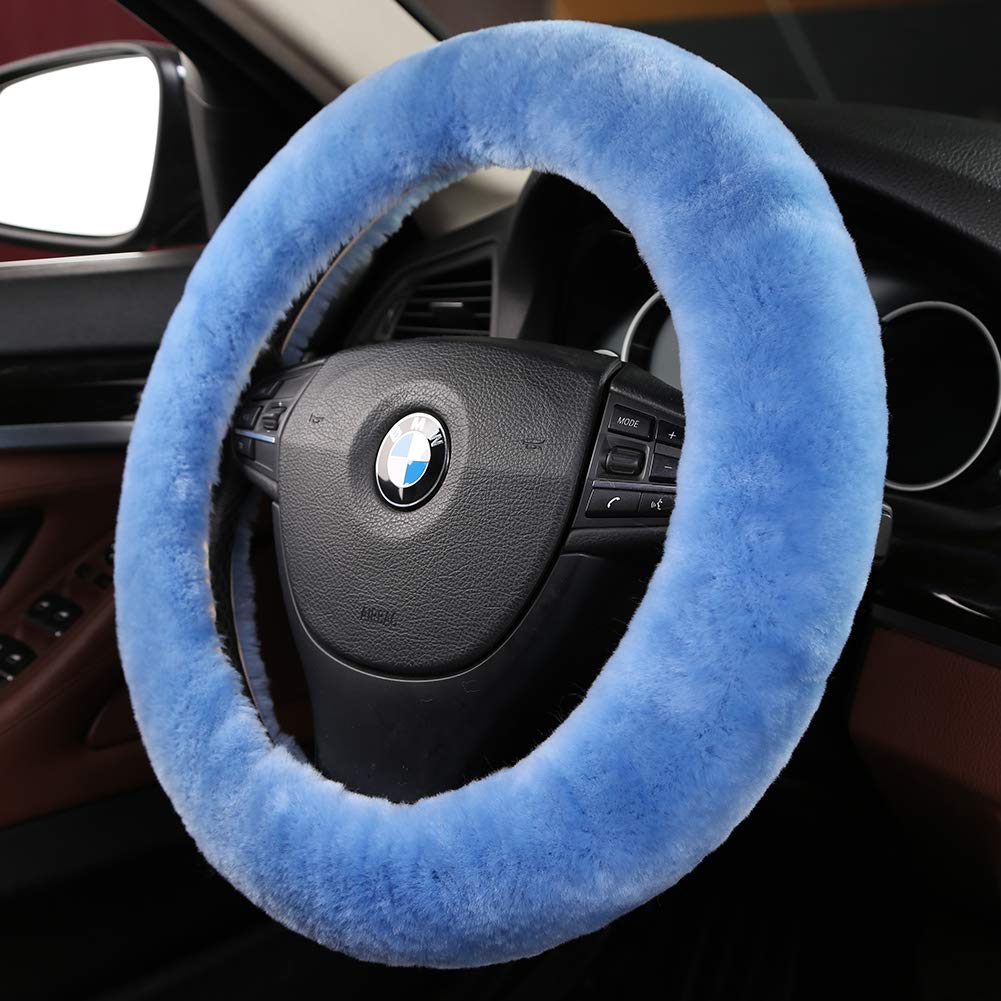 Black Fuzzy Sheepskin Car Steering Wheel Cover for Women | Soft Wool Girly