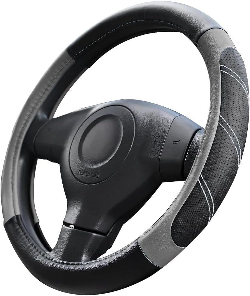 14.5-15 Inch Leather Steering Wheel Cover, Non Slip, Black/Gray