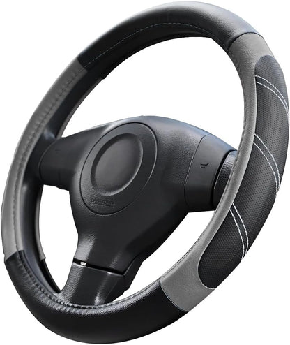 14.5-15 Inch Leather Steering Wheel Cover, Non Slip, Black/Gray