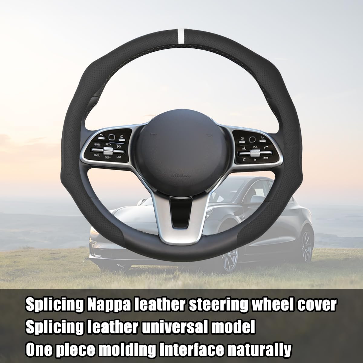 Osilly 15 Inch Nappa Leather Steering Wheel Cover, Spliced Design, Black