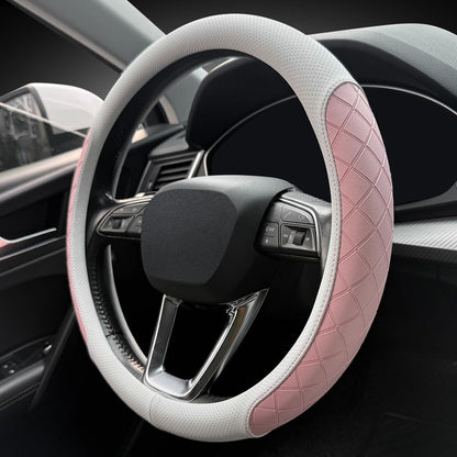LKWLIKEI Nappa Leather Steering Wheel Cover,Elegant Diamond Checkered Design, Non-Slip wear-Resistant, Enhance Driving Comfort, Suitable for Steering Wheel Diameter 14 1/2‘-15’ Models.Black Brown