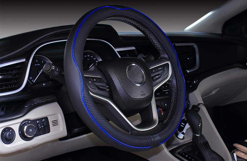 Mayco Bell Universal Standard Size Steering Wheel Cover Anti-Slip,Safety,Soft,Breathable,Durable,Full Surround,Comfortable Grip Microfiber Leather (14.5-15 inch,Black Blue)