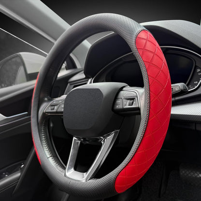 LKWLIKEI Nappa Leather Steering Wheel Cover,Elegant Diamond Checkered Design, Non-Slip wear-Resistant, Enhance Driving Comfort, Suitable for Steering Wheel Diameter 14 1/2‘-15’ Models.Black Brown