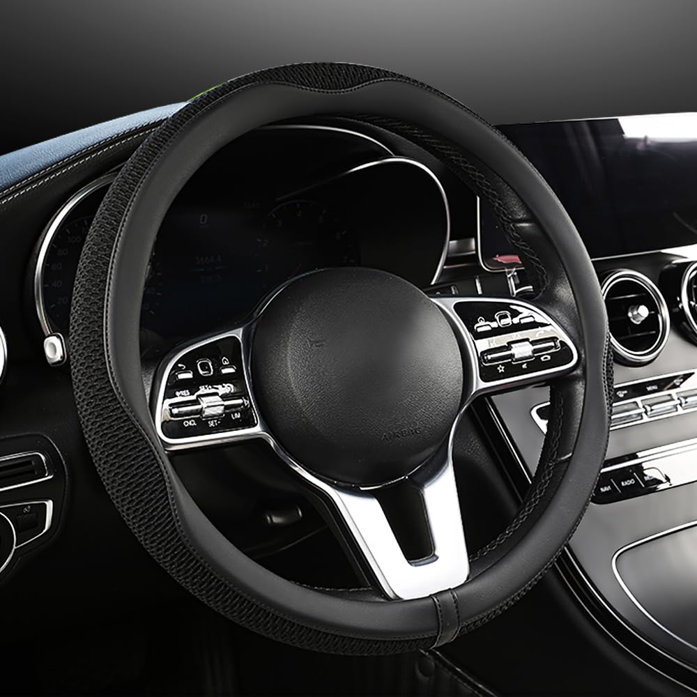 LKWLIKEI Car Steering Wheel Cover, Universal 15 inch, the Latest Microfiber Leather Breathable Technology Fabric, Non-Slip, Comfortable, Warm in Winter and Cool in Summer, Green