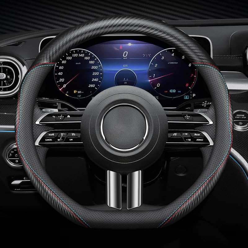 Microfiber Leather Steering Wheel Cover, Round Carbon Fiber Black Wire Trim, Leather Cover with Anti-Slip Lining, Universal 14.5"-15" Auto Accessory (Black)