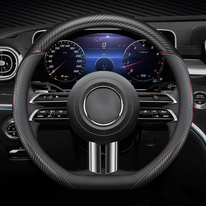 Microfiber Leather Steering Wheel Cover, Round Carbon Fiber Black Wire Trim, Leather Cover with Anti-Slip Lining, Universal 14.5"-15" Auto Accessory (Black)