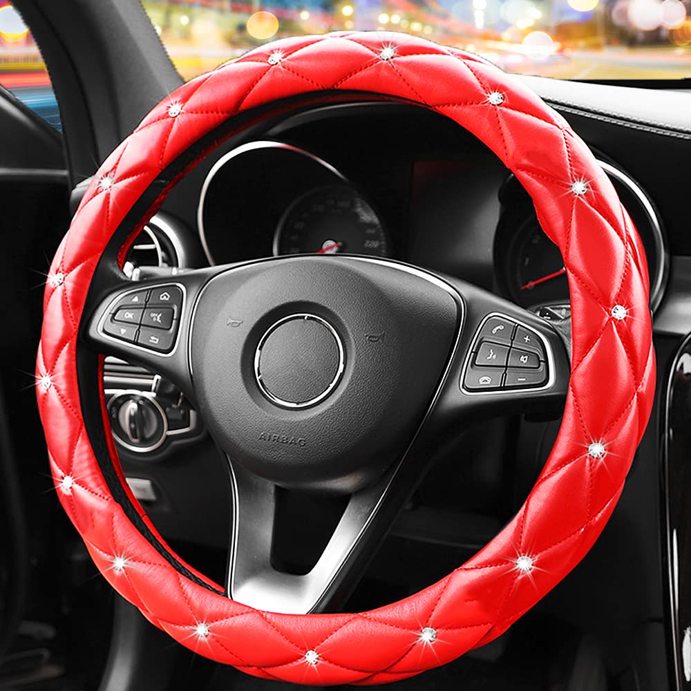 YOGURTCK Diamond Soft Leather Anti-Slip Steering Wheel Cover with Bling Bling Crystal Rhinestones, Universal 15 Inch for Women Girls, Fit Vehicles, Sedans, SUVs, Vans, Trucks - Black