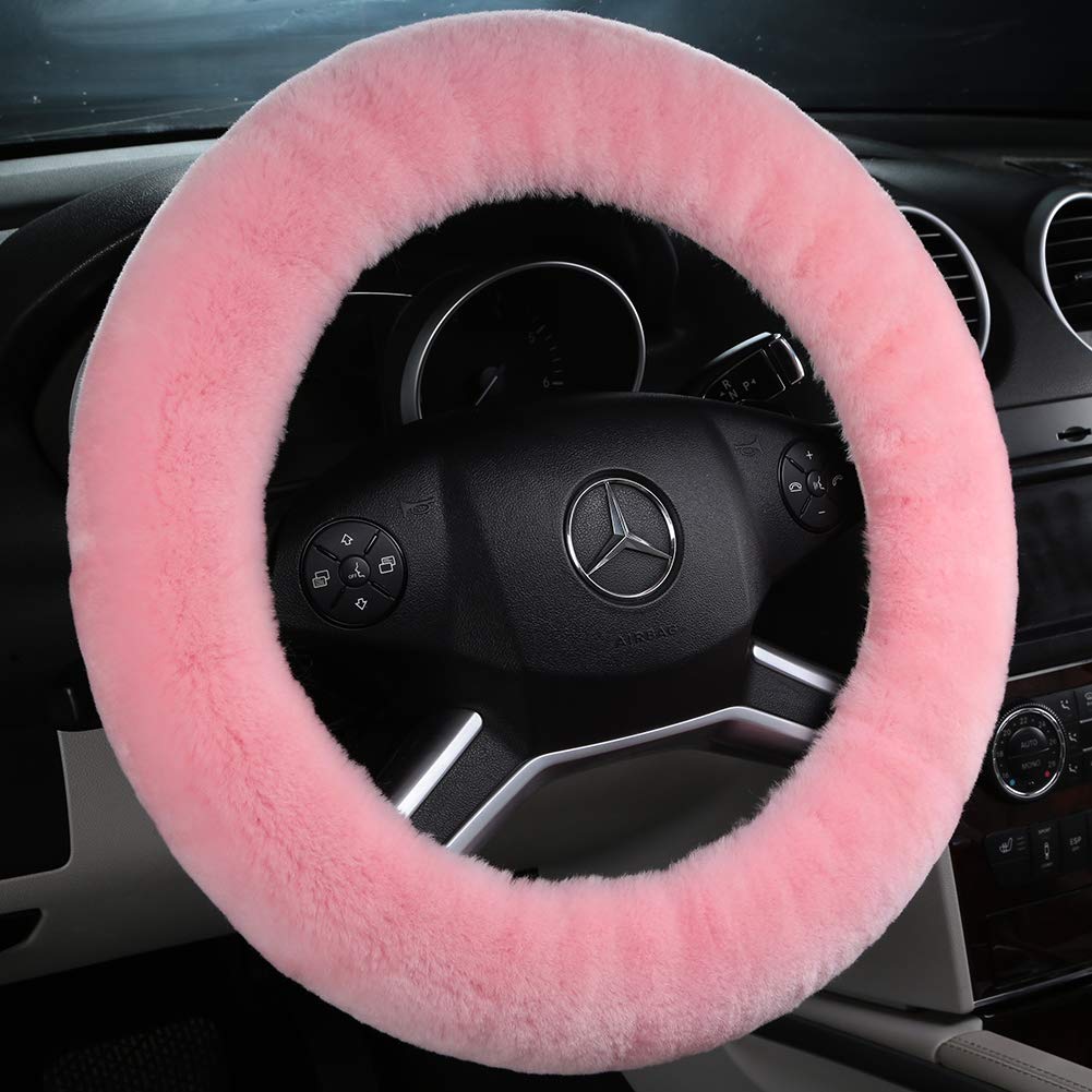 Black Fuzzy Sheepskin Car Steering Wheel Cover for Women | Soft Wool Girly