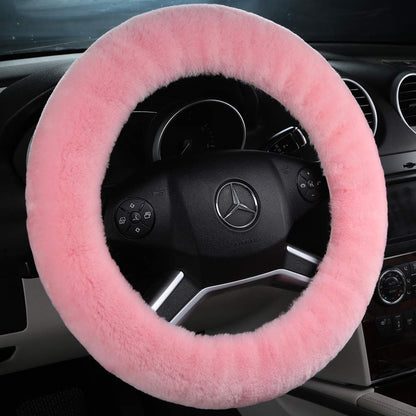 Black Fuzzy Sheepskin Car Steering Wheel Cover for Women | Soft Wool Girly