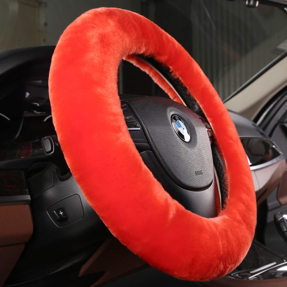Black Fuzzy Sheepskin Car Steering Wheel Cover for Women | Soft Wool Girly