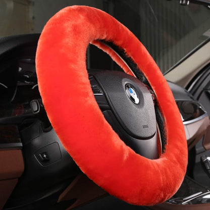 Black Fuzzy Sheepskin Car Steering Wheel Cover for Women | Soft Wool Girly
