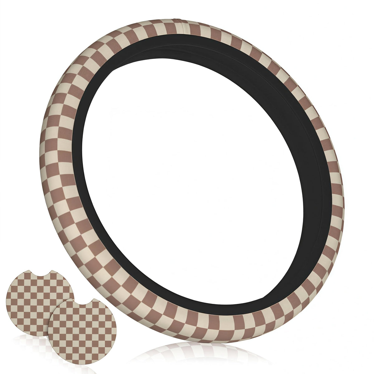 Checkered Black Brown Steering Wheel Cover 15 Inch Car + 2 pc Car Coasters