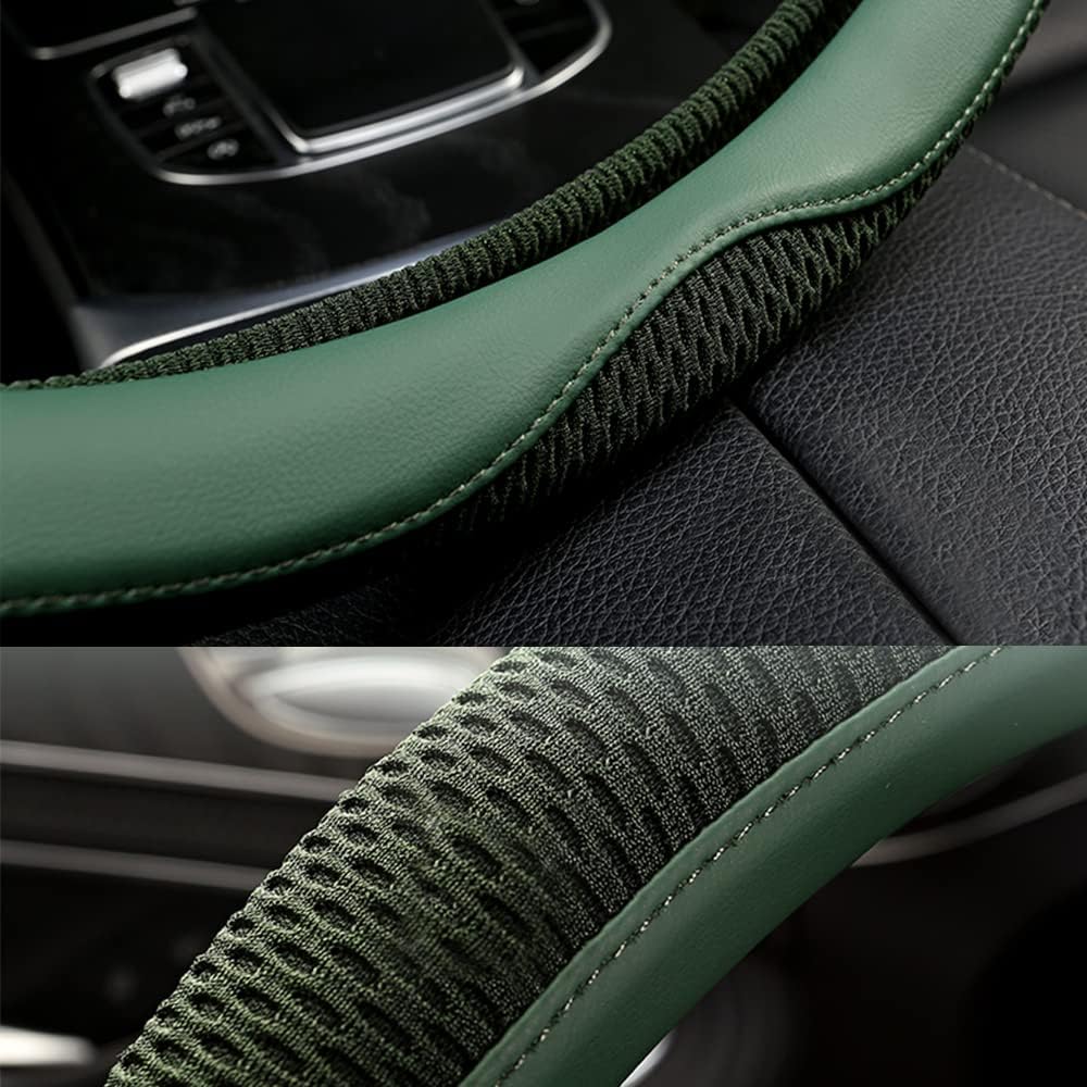 LKWLIKEI Car Steering Wheel Cover, Universal 15 inch, the Latest Microfiber Leather Breathable Technology Fabric, Non-Slip, Comfortable, Warm in Winter and Cool in Summer, Green
