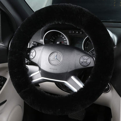 Black Fuzzy Sheepskin Car Steering Wheel Cover for Women | Soft Wool Girly