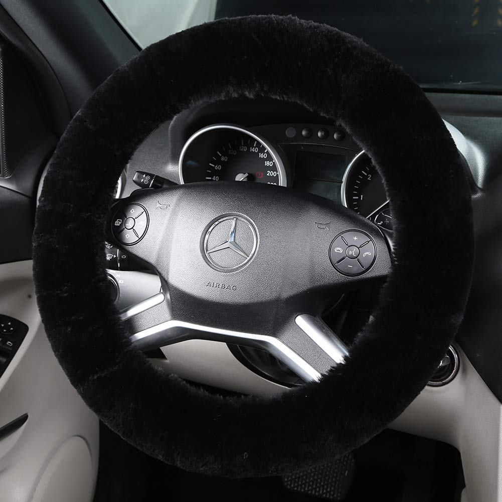 Black Fuzzy Sheepskin Car Steering Wheel Cover for Women | Soft Wool Girly