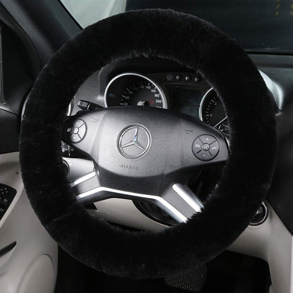 Black Fuzzy Sheepskin Car Steering Wheel Cover for Women | Soft Wool Girly
