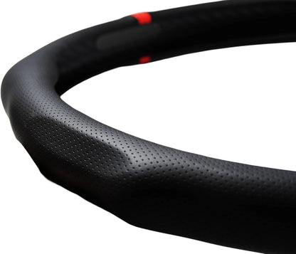 Quick Install Sporty Perforated Nappa Leather Steering Wheel Cover with Red Circular Stripe Trim Universal fit Any 14½ to 15 inches Car Pickup SUV 14.5 to 15 inches SW