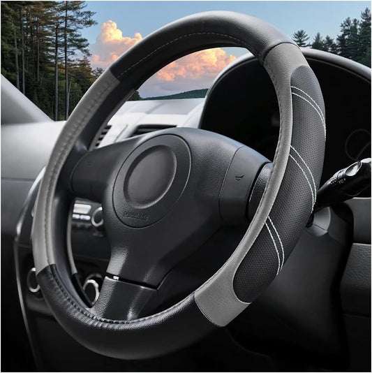 14.5-15 Inch Leather Steering Wheel Cover, Non Slip, Black/Gray