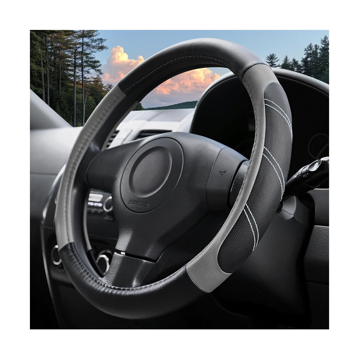 14.5-15 Inch Leather Steering Wheel Cover, Non Slip, Black/Gray