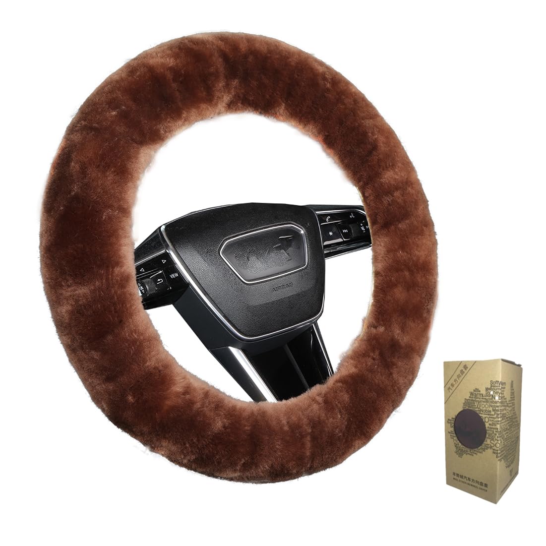 Black Fuzzy Sheepskin Car Steering Wheel Cover for Women | Soft Wool Girly