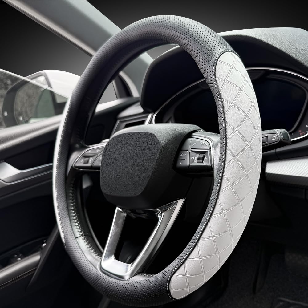 LKWLIKEI Nappa Leather Steering Wheel Cover,Elegant Diamond Checkered Design, Non-Slip wear-Resistant, Enhance Driving Comfort, Suitable for Steering Wheel Diameter 14 1/2‘-15’ Models.Black Brown