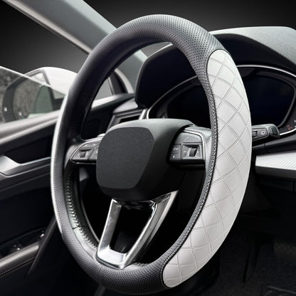 LKWLIKEI Nappa Leather Steering Wheel Cover,Elegant Diamond Checkered Design, Non-Slip wear-Resistant, Enhance Driving Comfort, Suitable for Steering Wheel Diameter 14 1/2‘-15’ Models.Black Brown