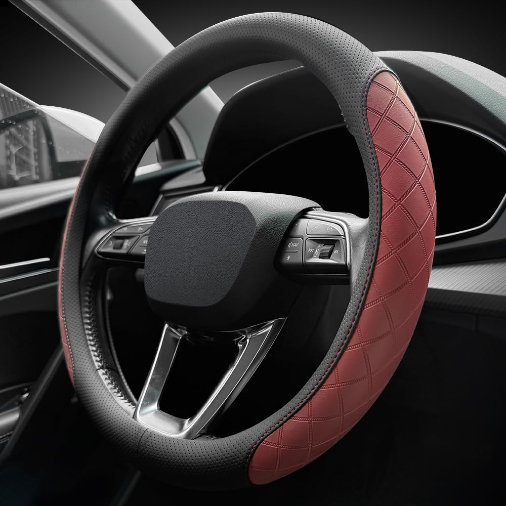 LKWLIKEI Nappa Leather Steering Wheel Cover,Elegant Diamond Checkered Design, Non-Slip wear-Resistant, Enhance Driving Comfort, Suitable for Steering Wheel Diameter 14 1/2‘-15’ Models.Black Brown
