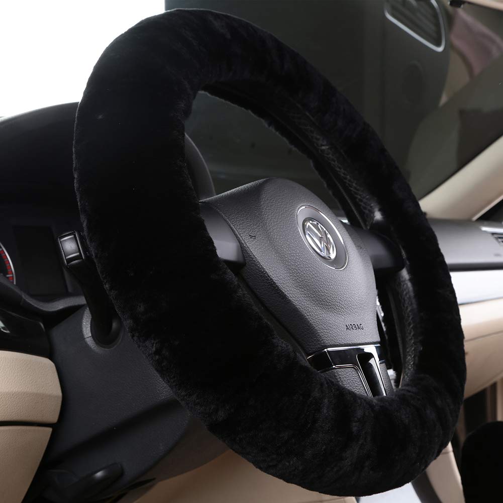 Black Fuzzy Sheepskin Car Steering Wheel Cover for Women | Soft Wool Girly