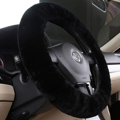 Black Fuzzy Sheepskin Car Steering Wheel Cover for Women | Soft Wool Girly