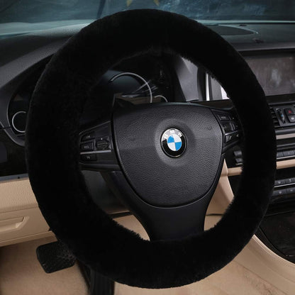 Black Fuzzy Sheepskin Car Steering Wheel Cover for Women | Soft Wool Girly