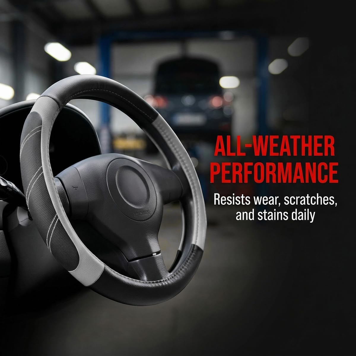 14.5-15 Inch Leather Steering Wheel Cover, Non Slip, Black/Gray