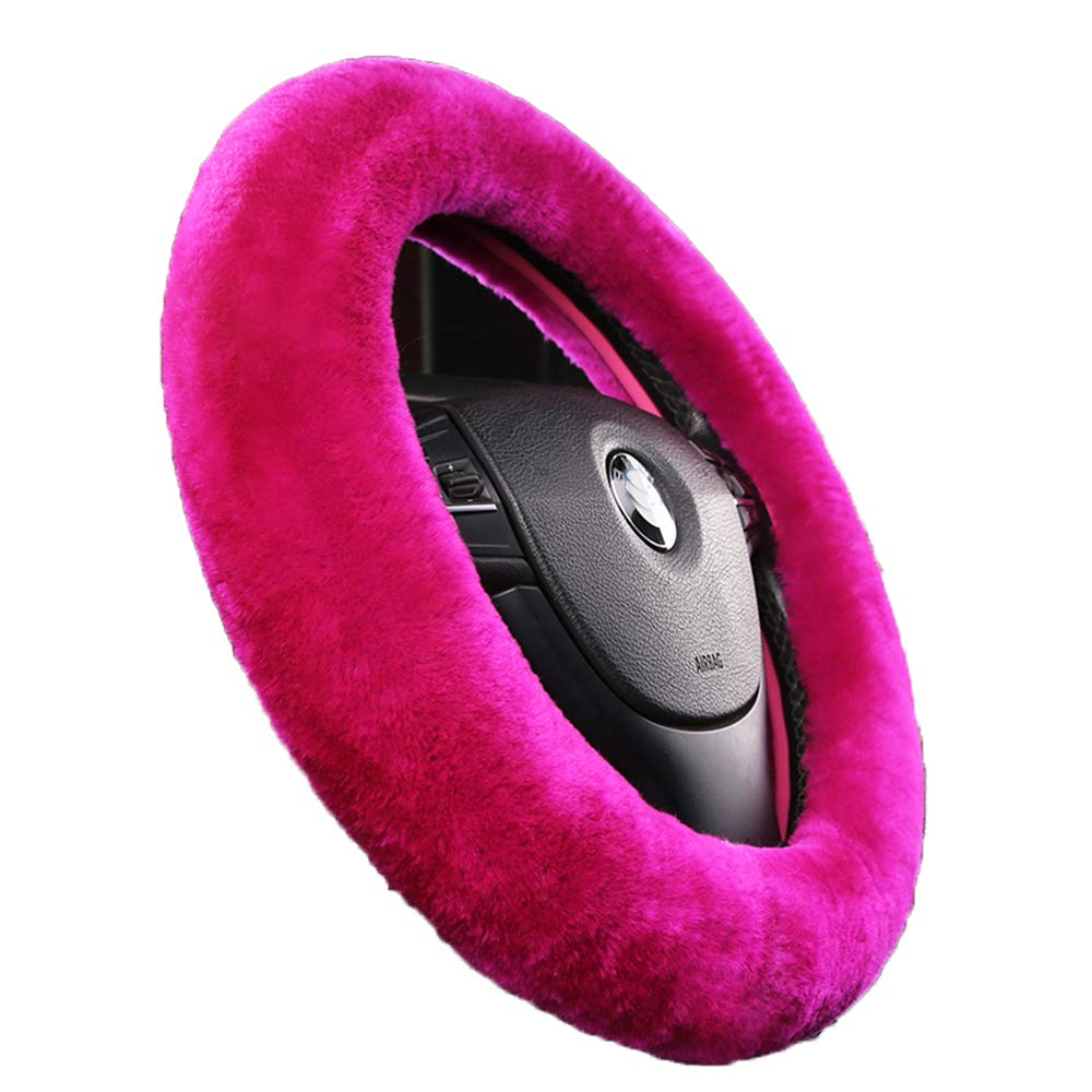 Black Fuzzy Sheepskin Car Steering Wheel Cover for Women | Soft Wool Girly