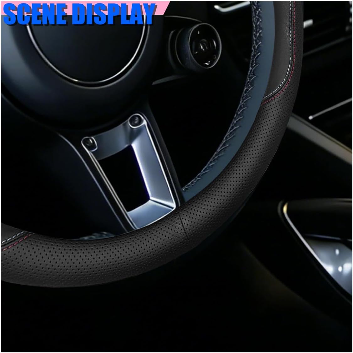 Craedli Black Dual-Line Nappa Leather Car Steering Wheel Cover 14.5-15 Inch