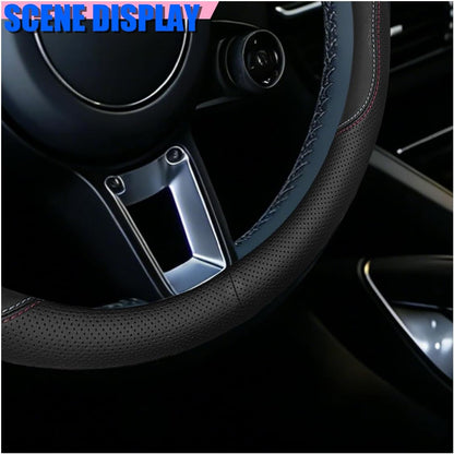 Craedli Black Dual-Line Nappa Leather Car Steering Wheel Cover 14.5-15 Inch