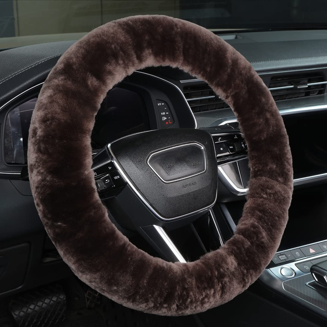 Black Fuzzy Sheepskin Car Steering Wheel Cover for Women | Soft Wool Girly