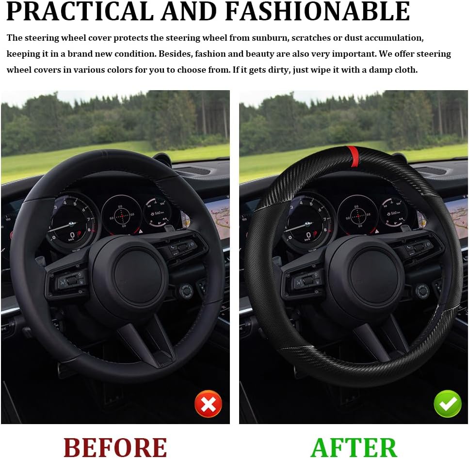 Car Steering Wheel Cover, Steering Wheel Accessories, 15 Inch Microfiber Leather Carbon Fiber Soft Anti-Slip Breathable, Car Accessories Elastic Non-Slip Cover for Most Vehicles