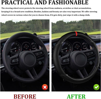Car Steering Wheel Cover, Steering Wheel Accessories, 15 Inch Microfiber Leather Carbon Fiber Soft Anti-Slip Breathable, Car Accessories Elastic Non-Slip Cover for Most Vehicles