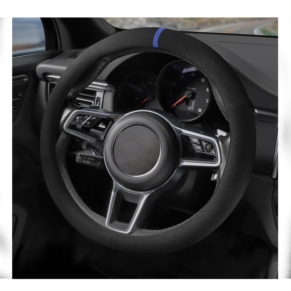 Suede Steering Wheel Cover with Upgraded Silicone Inner Ring, Breathable, Anti-Slip, Leather Universal 14.5 to 15 Inch Steering Wheel Cover (Black with Red Mark)