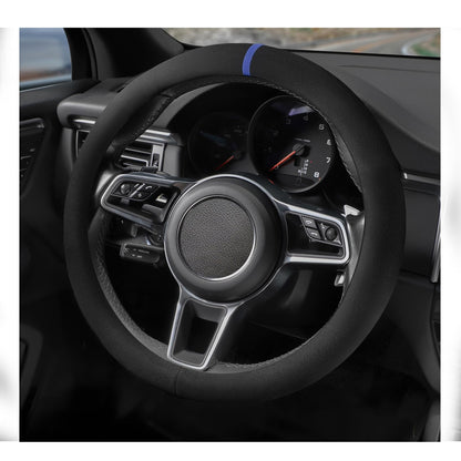 Suede Steering Wheel Cover with Upgraded Silicone Inner Ring, Breathable, Anti-Slip, Leather Universal 14.5 to 15 Inch Steering Wheel Cover (Black with Red Mark)