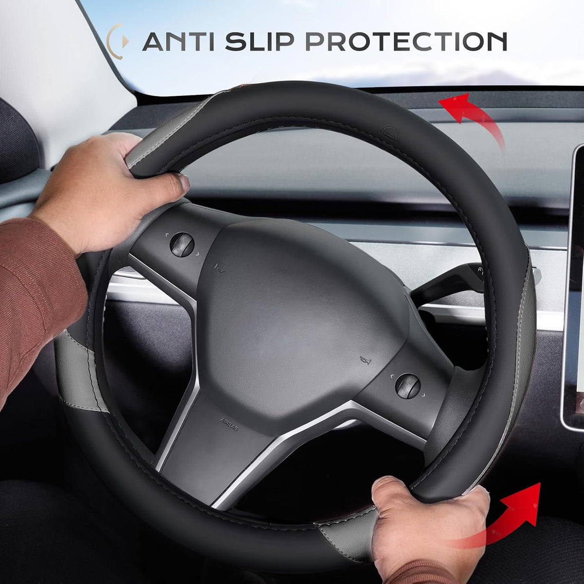Coverado Car Steering Wheel Cover, Nappa Leather Black & Gray Steering Wheel Covers, Universal 14-15 inch, Anti-Slip, Breathable Steering Wheel Protector for Women Men