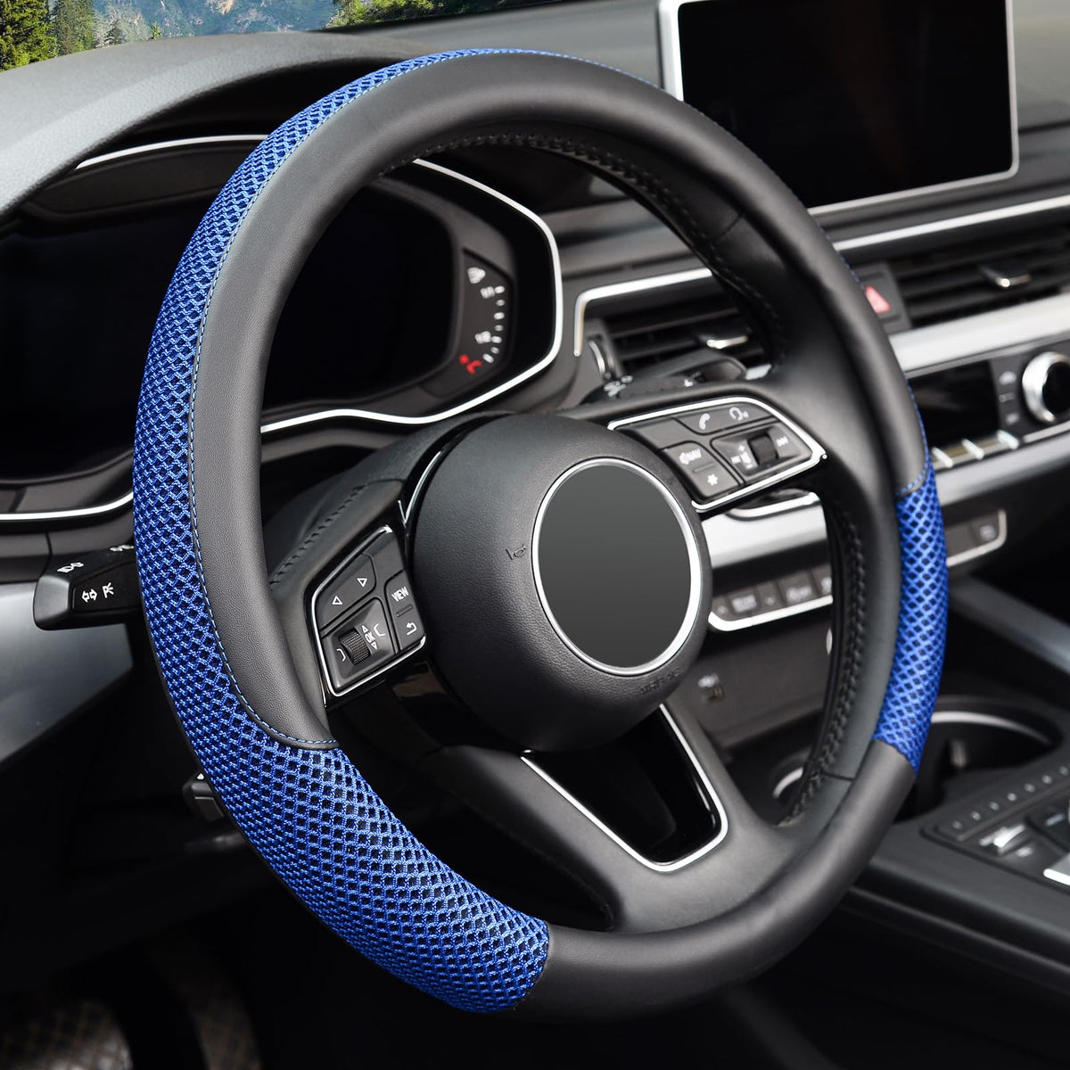 KAFEEK Steering Wheel Cover, Cooling Ice Silk Leather, 15 Inch, Black