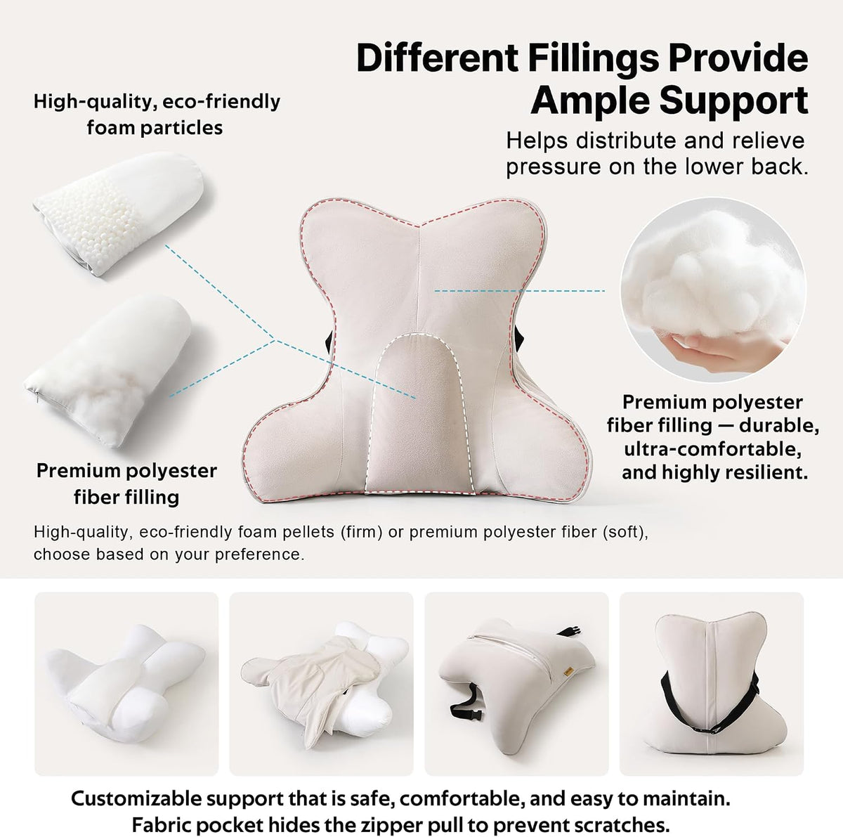 Lumbar Support Pillow for Office Chair, Back Support Cushion, Lumbar Pillow for Desk Chair, Ergonomic 3-Zone Back Cushion for Sitting Comfort, Misty White