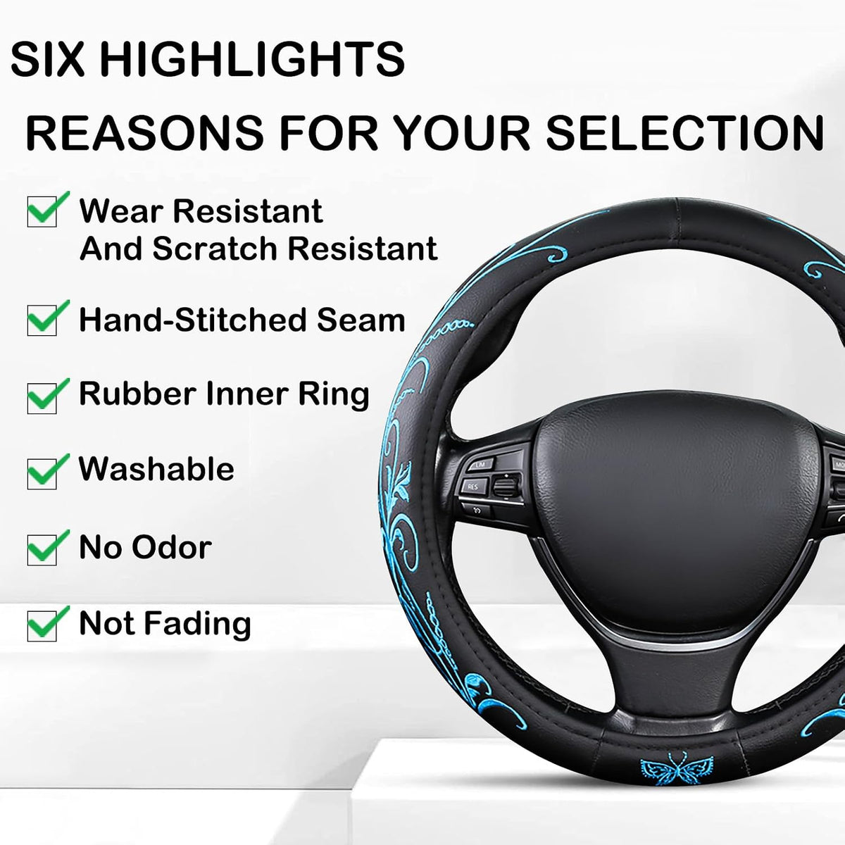Blue Embroidery Butterfly Car Steering Wheel Cover,14.5-15 Inch Universal Leather Covers Breathable Anti-Slip Odorless Steering Wheels Accessories for Men Women