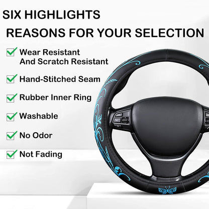 Blue Embroidery Butterfly Car Steering Wheel Cover,14.5-15 Inch Universal Leather Covers Breathable Anti-Slip Odorless Steering Wheels Accessories for Men Women