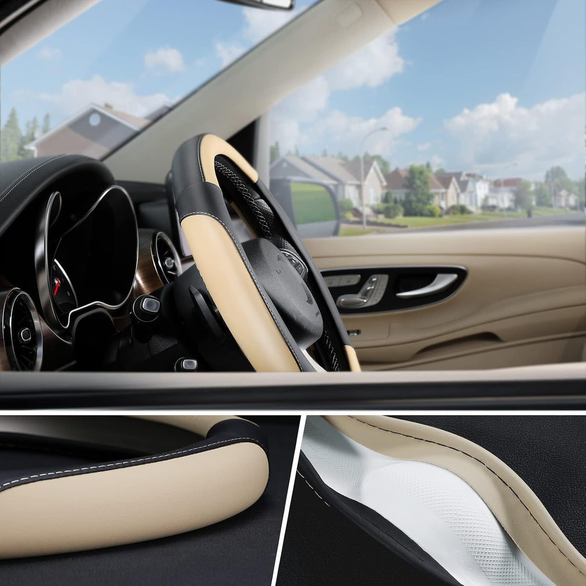 SEG Direct Steering Wheel Cover 14.5-15 inch Heavy-Duty, Black and Beige