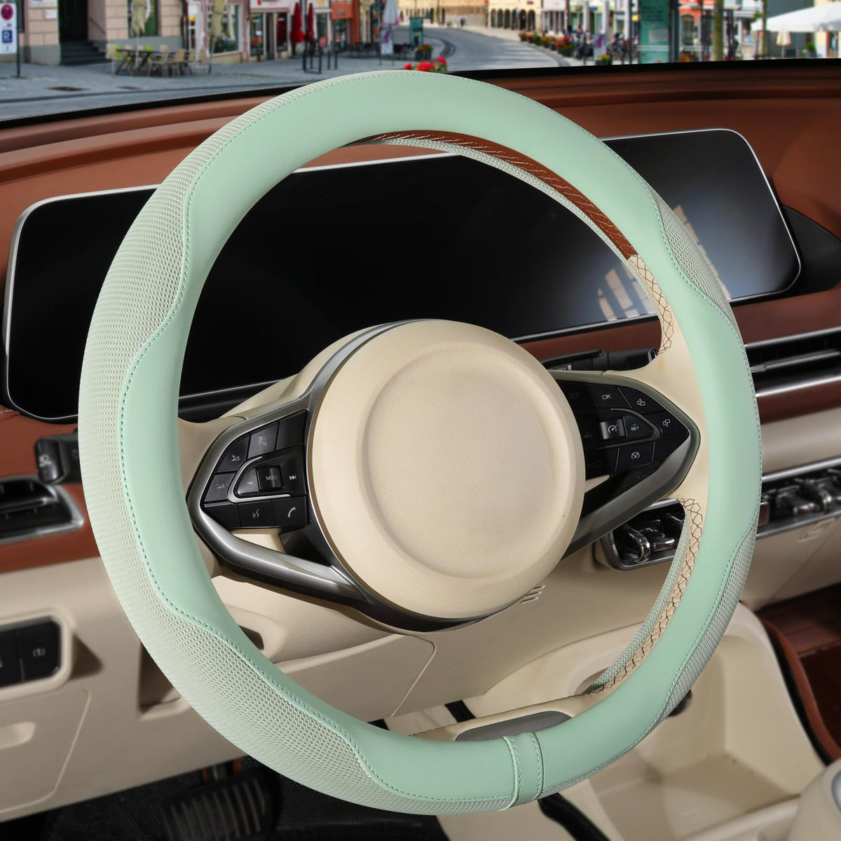 Nappa Leather Ice Silk Fabric Pink Steering Wheel Cover Women