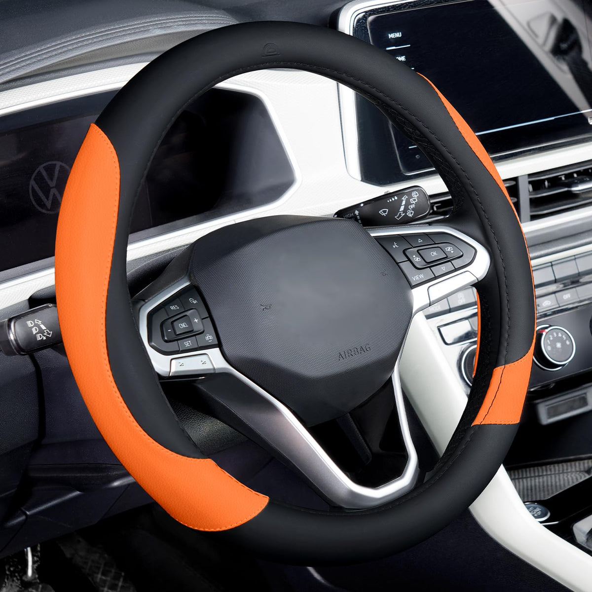Coverado Car Steering Wheel Cover, Nappa Leather Black & Gray Steering Wheel Covers, Universal 14-15 inch, Anti-Slip, Breathable Steering Wheel Protector for Women Men