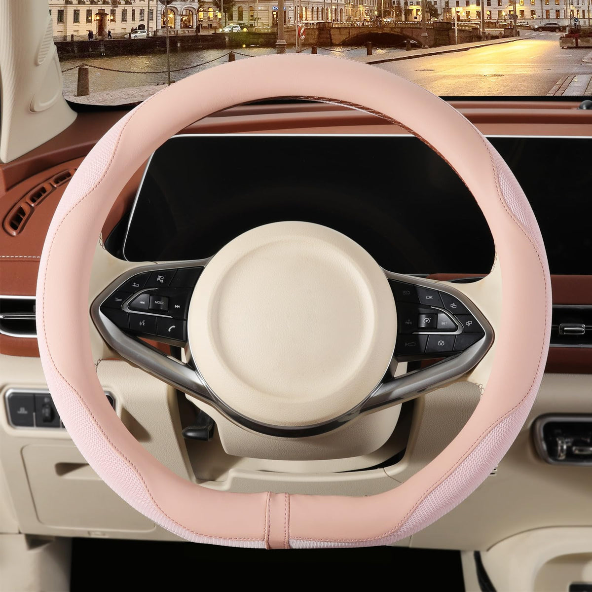 Nappa Leather Ice Silk Fabric Pink Steering Wheel Cover Women